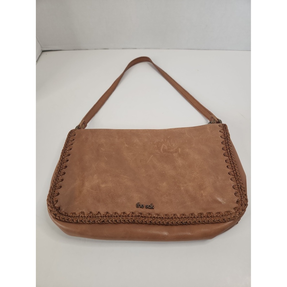 The Sak Flora Mini Leather Shoulder Bag Tan Crochet Whipstitch Y2K Boho Purse